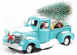 AerWo Christmas Blue Truck Decor, Vintage Metal Truck, Upgraded Old Metal Pickup Truck Car Model for Christmas Decorations Table Top Decor