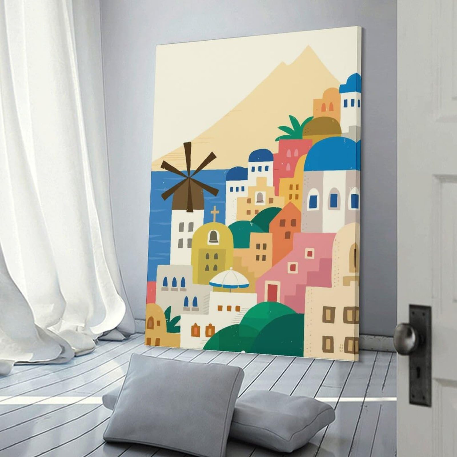 Junmoney Greek Island Village Wall Art Print 20x30inch(50x75cm), for Living Room, Bedroom Or Home Office, Thoughtful Wall Decor for Art Lovers