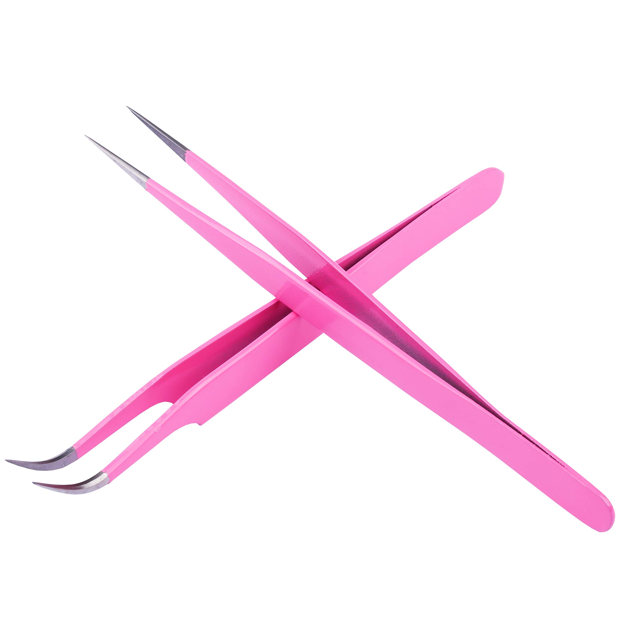 SIVOTE Lash Tweezers, Pack of 2 Stainless Steel Tweezers for Eyelash Extensions | Straight and Curved Tip | False Lash Application Tools - Pink