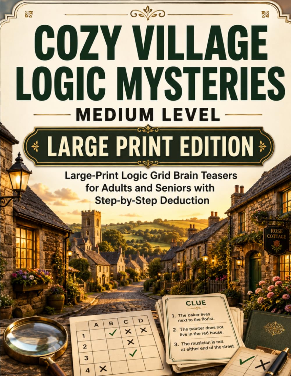 Cozy Village Logic Mysteries - Medium Level: Large-Print Logic Grid Brain Teasers for Adults and Seniors with Step-by-Step Deduction