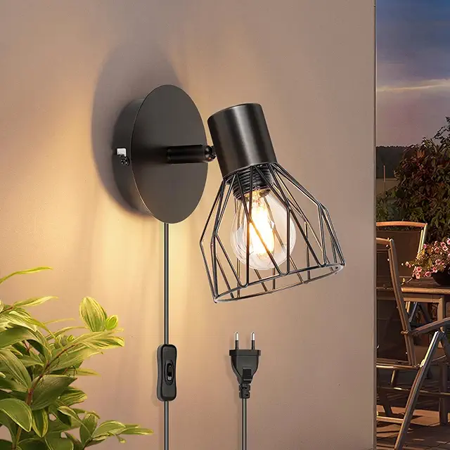 Applique Murale avec Interrupteur et Prise - Lampe Mural Noir E14 Industrielle