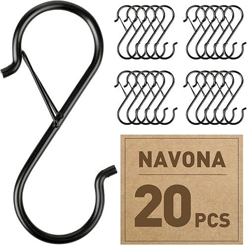 Navona 20 ganchos en S para colgar resistentes, gancho en S de metal resistente de 3.5 pulgadas con hebilla de seguridad, adecuado para varillas de
