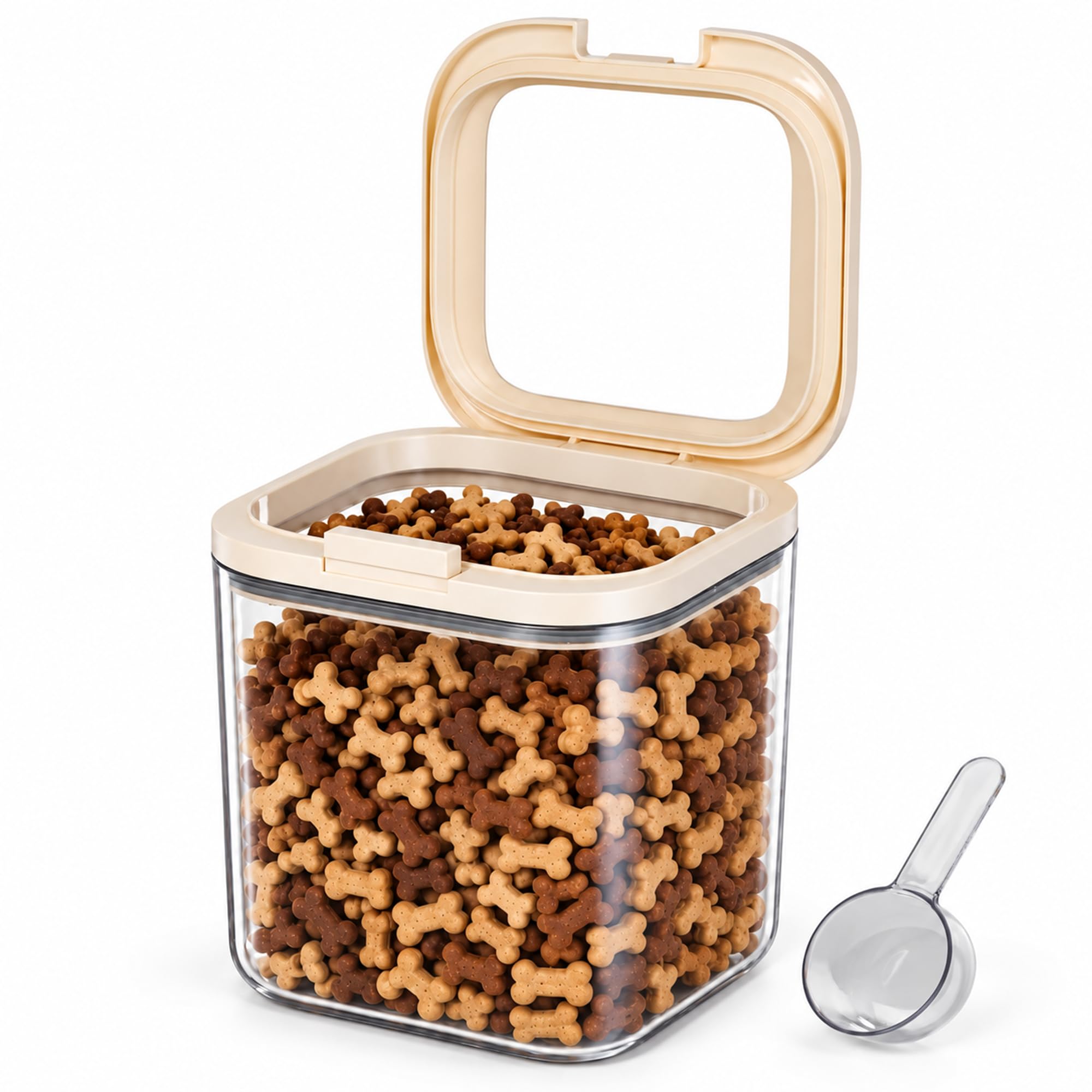 LivLab Mker Pet Treat Container, 3.49QT, One-Handed Open, Clear, Stackable | Dog Treat Container or Cat Treat Jar with a Measuring Scoop, Push-Button Release for Easy Access and Organized Treat Storage