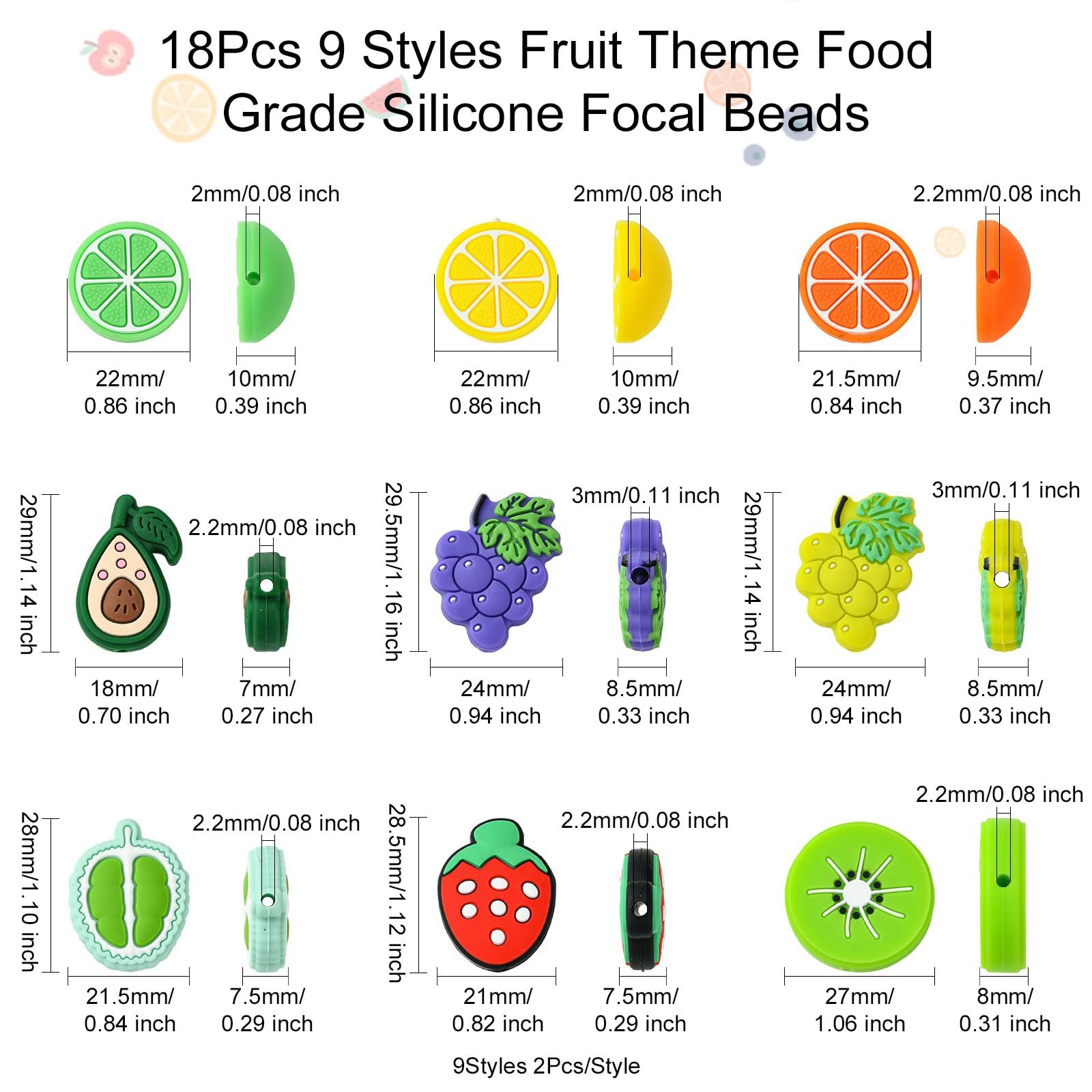 KitBeads 18Pcs Fruit Silicone Focal Beads 9 Styles Summer Fruit Beads Rubber Orange Avocado Strawberry Beads for Jewellery Making Keychain Pen Bulk - Image 2