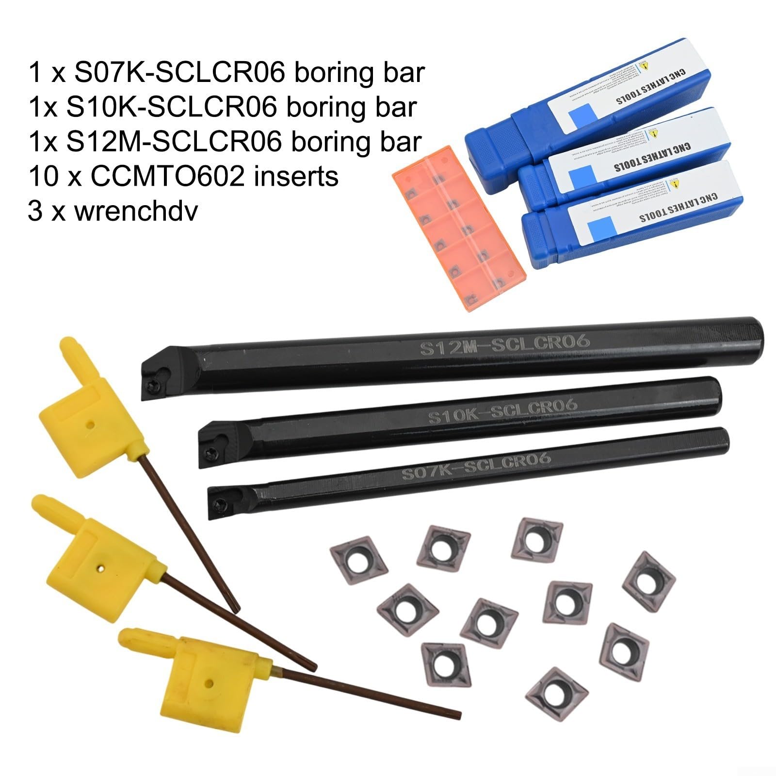 Lot de 10 inserts en carbure CCMT0602 avec 3 barres d'alésage en acier pour porte-outil de tournage S07K-SCLCR06 S10K-SCLCR06 S12M-SCLCR06 95 degrés Coupe à droite