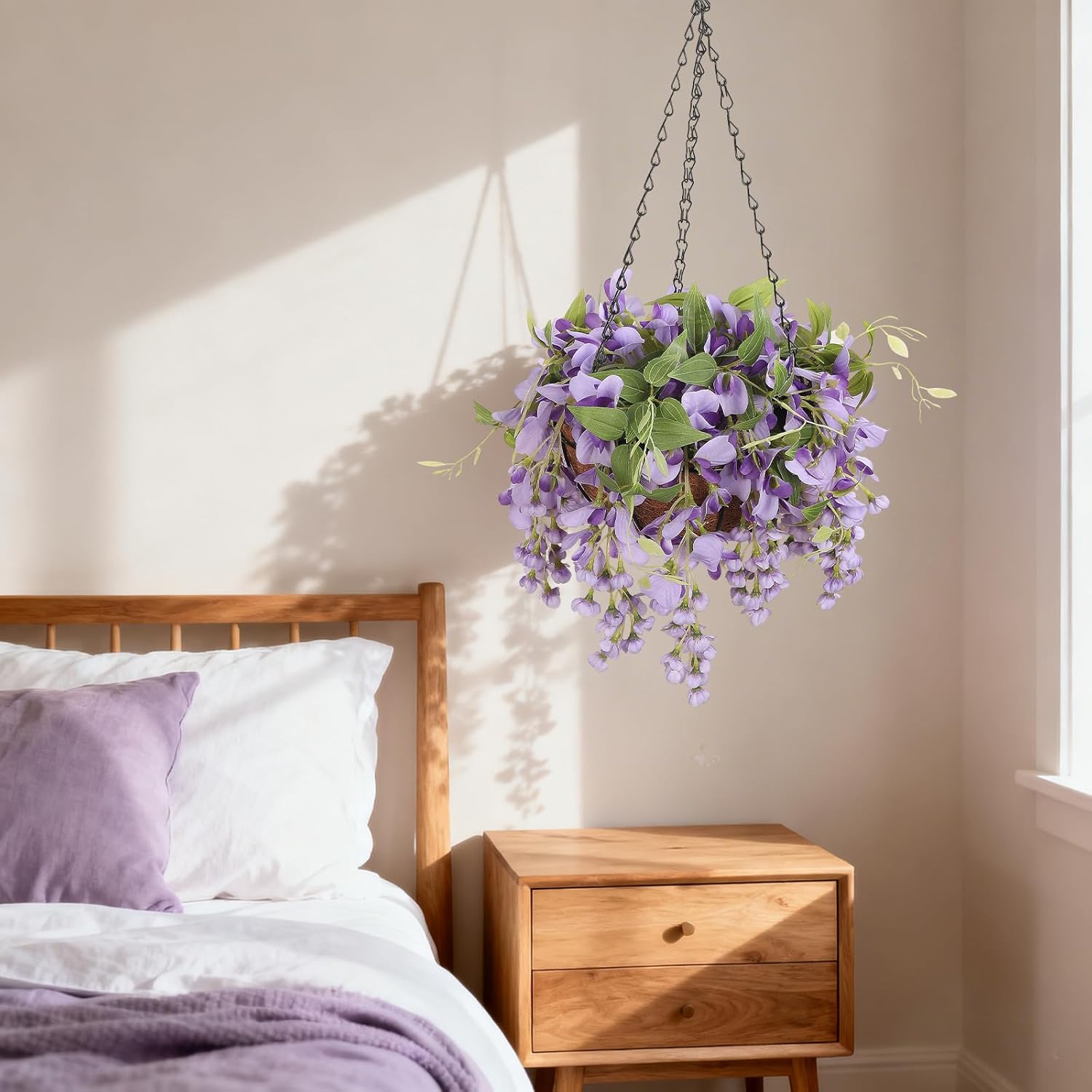 Artificial Hanging Flowers with Basket Plants - Wisteria Hanging Plants for Spring Outdoor Decoration, UV Resistant Fake Flowers Hanging Silk Flowers for Porch Patio Garden Yard Home Decor