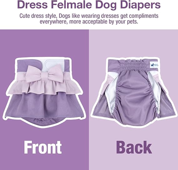 Pet Soft Female Dog Diapers - 3 Pack Washable Dress-Style Dog Diapers Female for Girl Dogs in Heat - Reusable Doggy Period Panties Puppy Diaper (Classic, L)