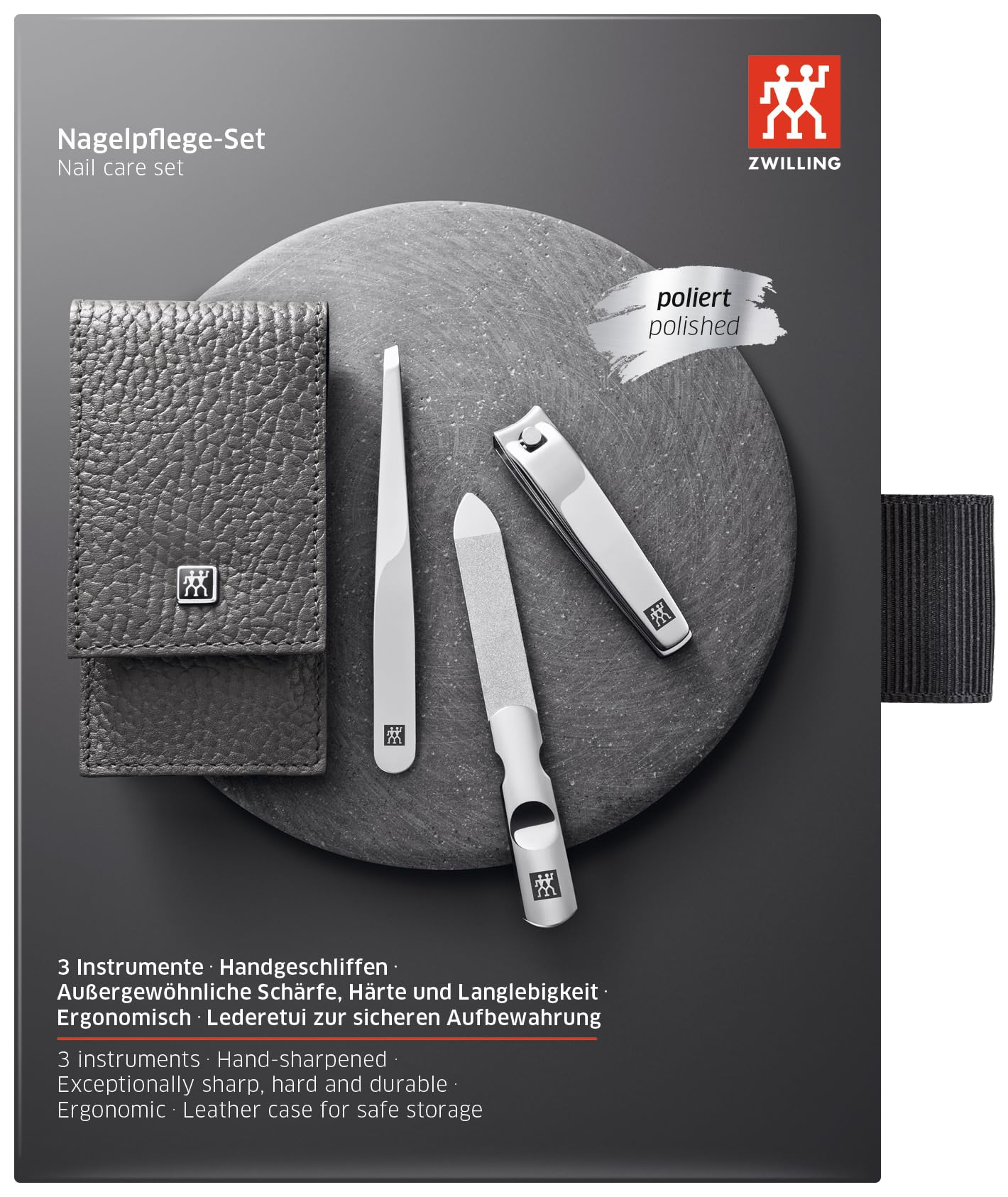 ZWILLING Zestaw do manicure (3 części, pielęgnacja paznokci i pedicure, etui z prawdziwej skóry, z cążkami do paznokci), polerowana stal nierdzewna, antracytowy