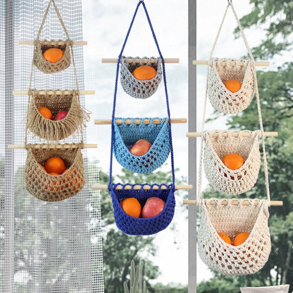 Kichvoe 2pcs Hand Woven Hanging Fruit and Vegetable Storage Basket Organizer for Kitchen Rope Design Space-saving Mesh Wall Hanging