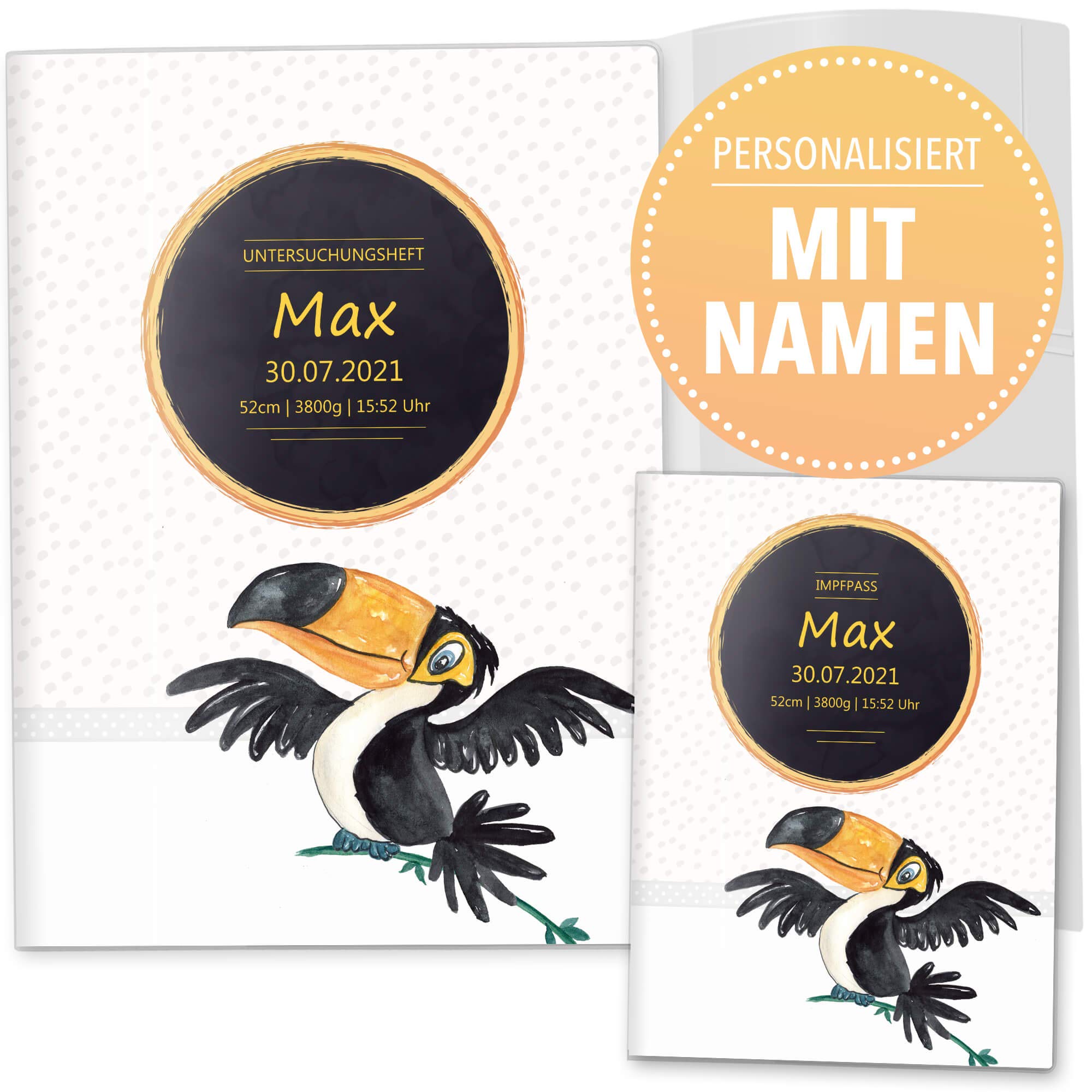 OLGS Hülle für U-Heft + Impfpass 3-teiliges Set Safari Tour Tier | Untersuchungshefthülle & Impfpasshülle, schöne Geschnkidee mit Namen (U-Heft Set 3-teilig personalisiert, Toucan)