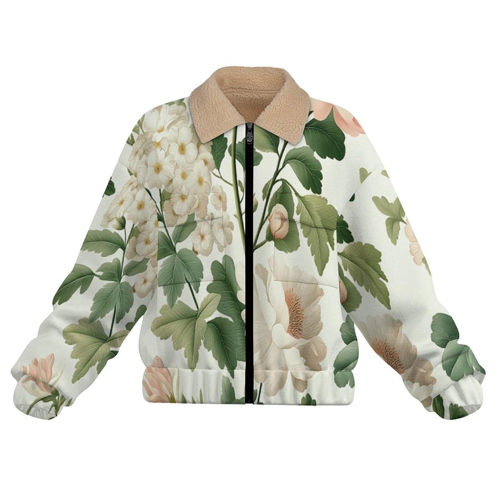 Donna Pile Giacca con Cerniera 2 Face, Piante fiori foglie Retrò, Comoda in Pile di Velluto Spesso e Tasche Giacca Calda, Casual Grande Giacche Autunno e Inverno