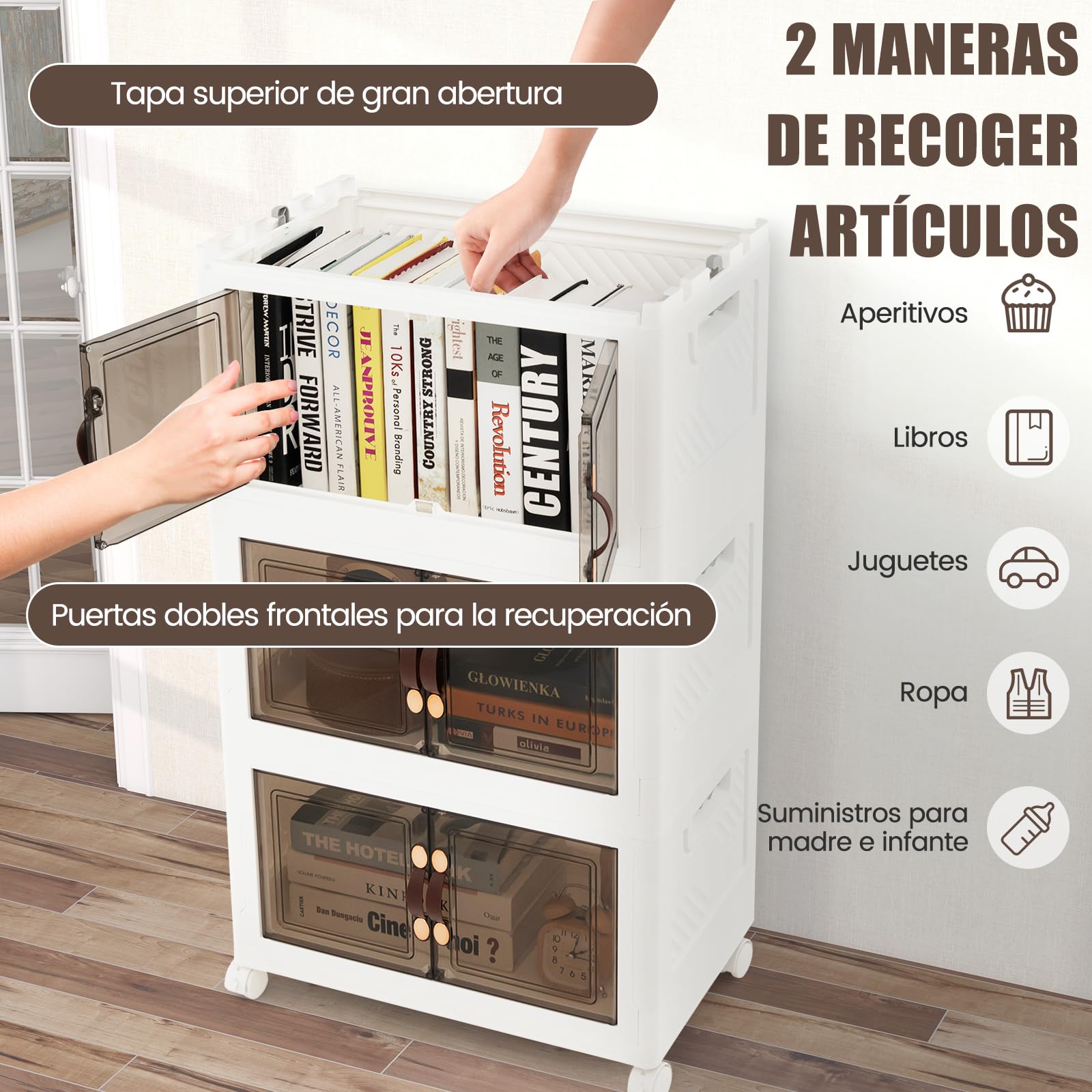 COSTWAY Cajas Almacenaje 105L, Juego de 3 Cajas Organizadoras Plastico con Ruedas Bloqueables, Baul Almacenaje Dormitorio con Tapas Plegables de PP, Cajas Plastico Transparente Apilable con Puertas
