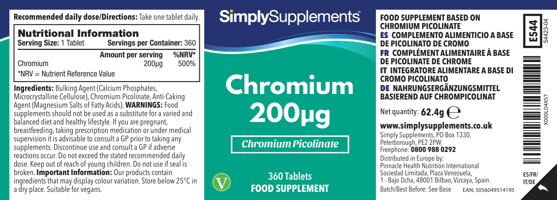 Chrome 200µg - 360 Comprimés - Jusqu’à 1 an de Bienfaits - SimplySupplements