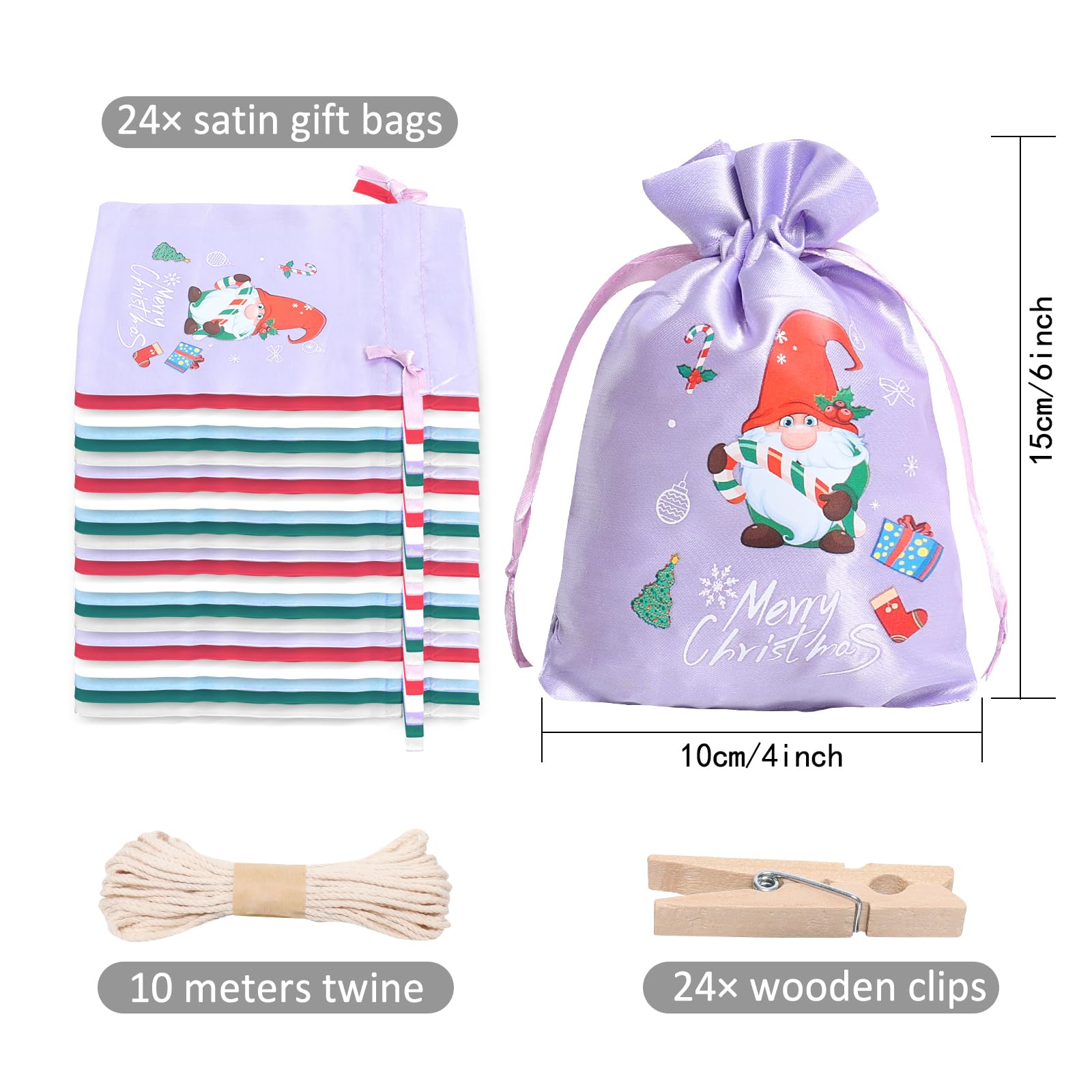 24 Stück kleine Weihnachtstüten mit Kordelzug, niedliche Satin-Geschenktüten für Weihnachten, Adventskalender, verschiedene Leckerli-Taschen für Winterurlaub, Partygeschenk