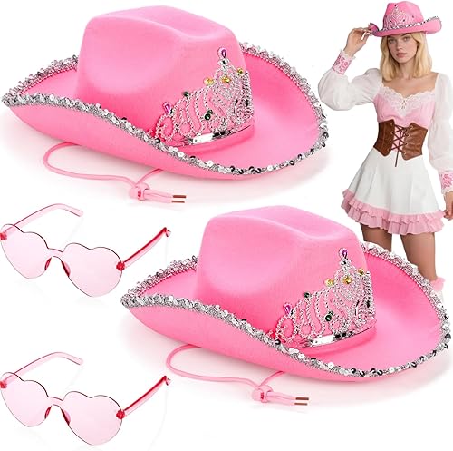 Paquete de 2 sombreros de vaquera rosa con gafas de corazón, sombrero de princesa de vaquero de lentejuelas rosas con diseño de corona de tiara,