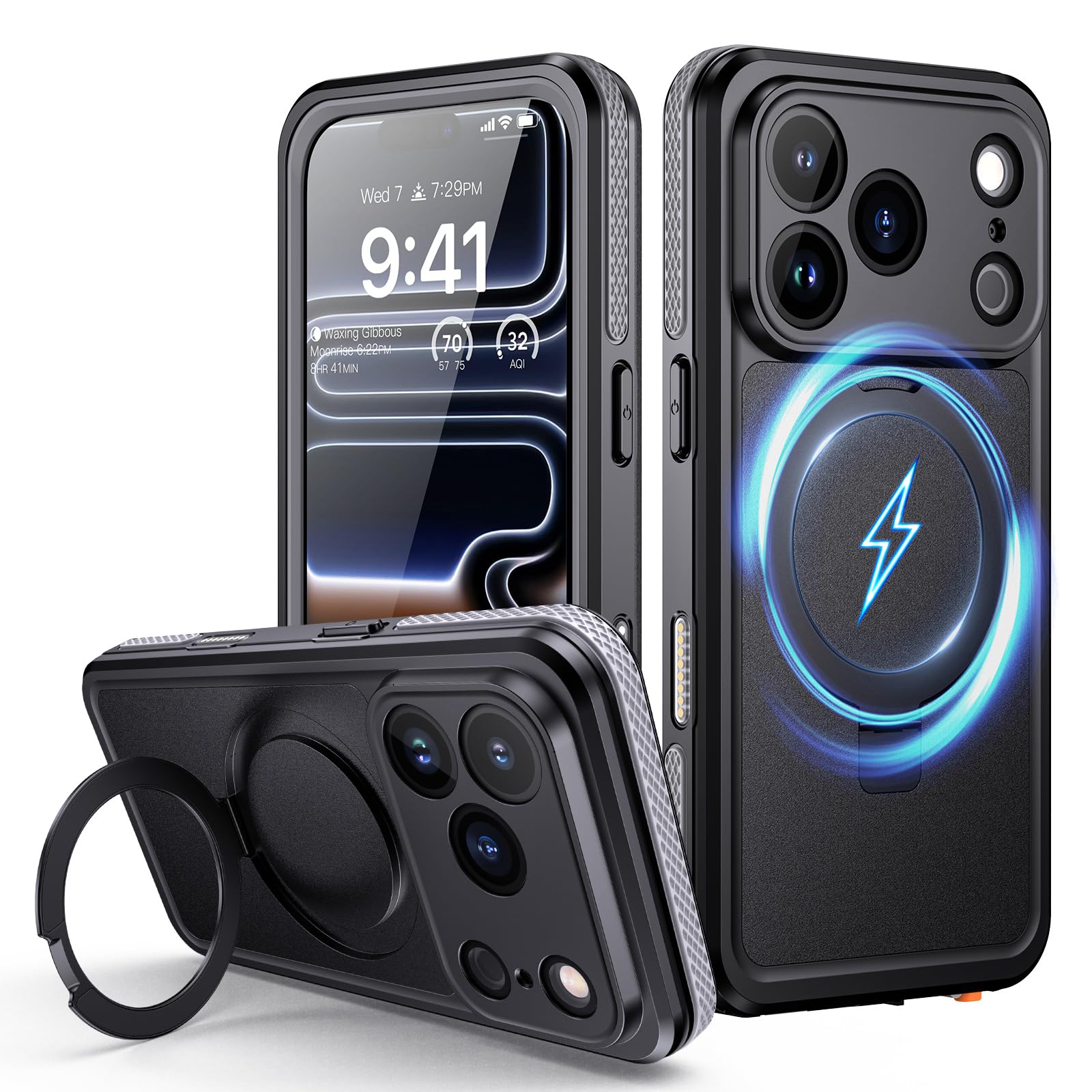 Lanhiem Coque pour iPhone 17 Pro Étanche avec Anneau Support [IP68 Imperméable] 360 Indestructible Antichoc Integral Antipoussière Anti-Neige Waterproof Etui avec Renforcée Protection écran,Noir