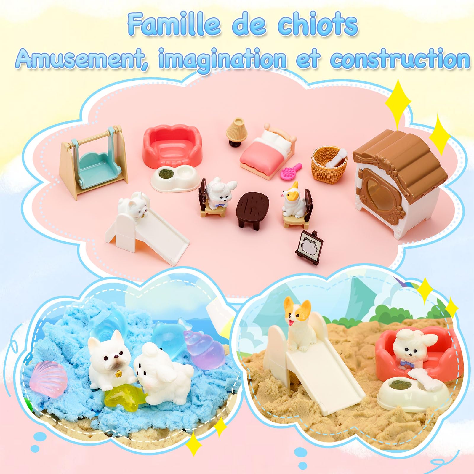 VBACALA Magic Sand Set avec Bac à Sable à 2 Étages,500g de Sable Magique,Figurines de Chiens et Chats,Jouets Sensoriels pour Enfants 3+ Ans,Jeux Créatifs avec Sable,Cadeau pour Garçons et Filles