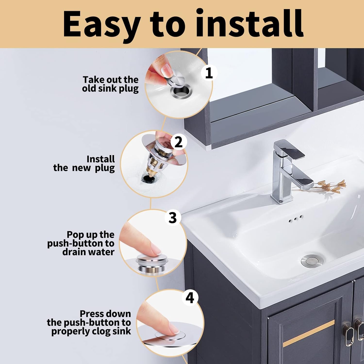 U.S. Standard Bathroom Sink Stopper 1.1"-1.5", Stainless Steel Universal Pop Up Drain Stopper for Bathroom Sink, Universal Drain Filter Drain Plug with Spring Core ​Push Type Converte