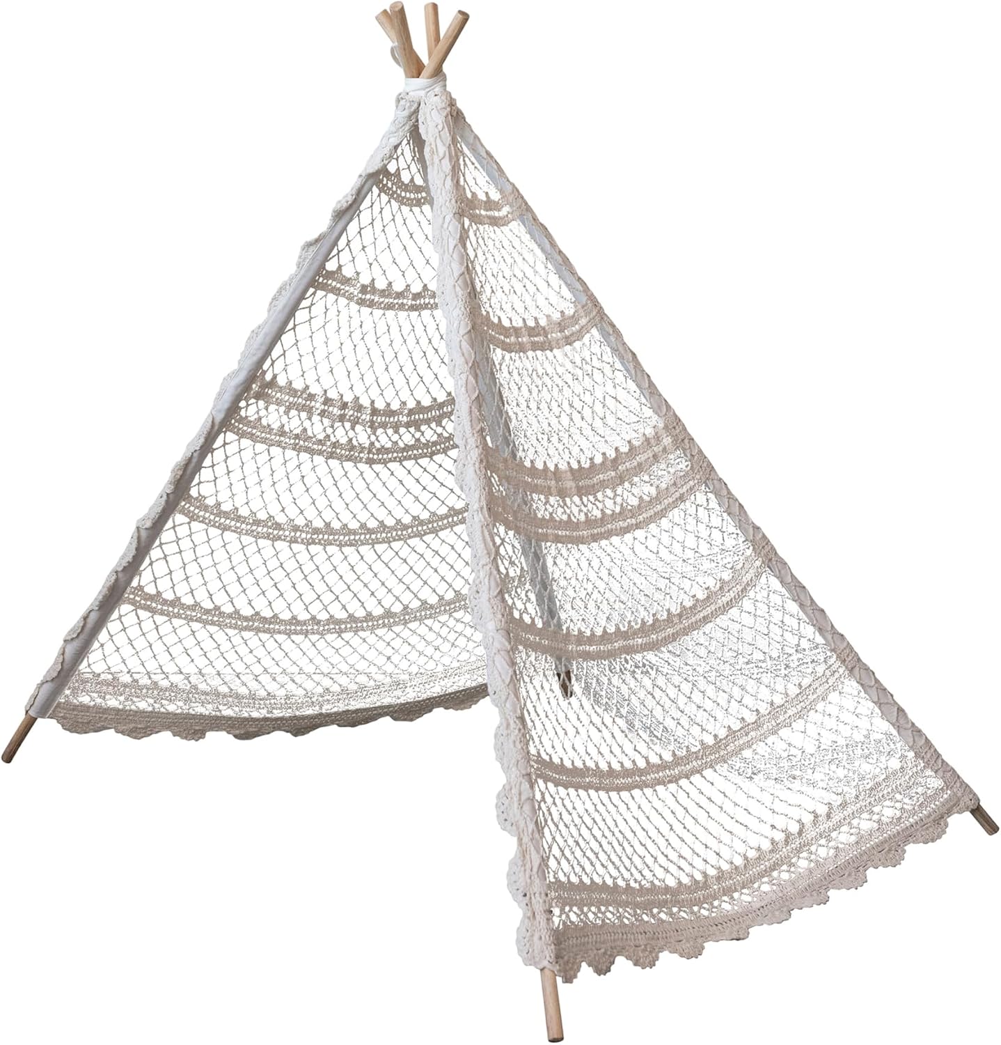 Creative Co-Op Reclaimed Cotton Crocheted and Teakwood Teepee with Mat, Natural