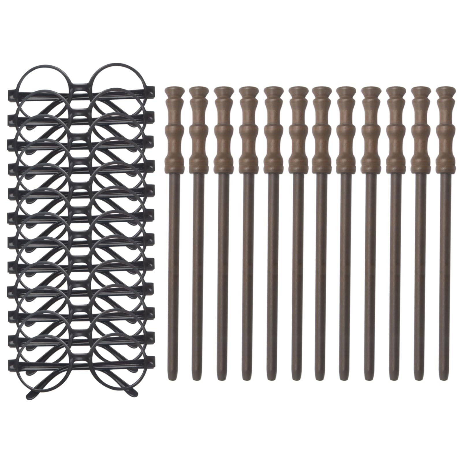 Cosplay Zauberer Partyzubehör Set – Zauberstab Bleistifte,Zauberbrille mit rundem Rahmen ohne Gläser für Geburtstagsfeiern, Schulbelohnung, Halloween-Dekoration,Geburtstagsgeschenk,je 12 Stück