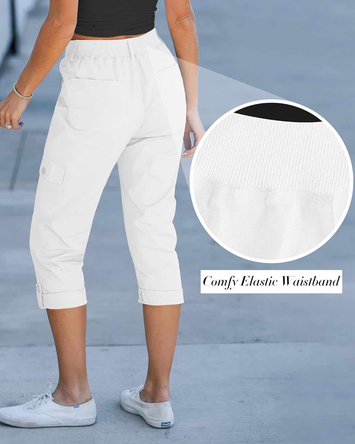 GRAPENT Cargo Capri Pants for Women High Waisted Relaxed Fit Elastic Knit Waist Casual Capris Trousers Cropped Pants - Image 4