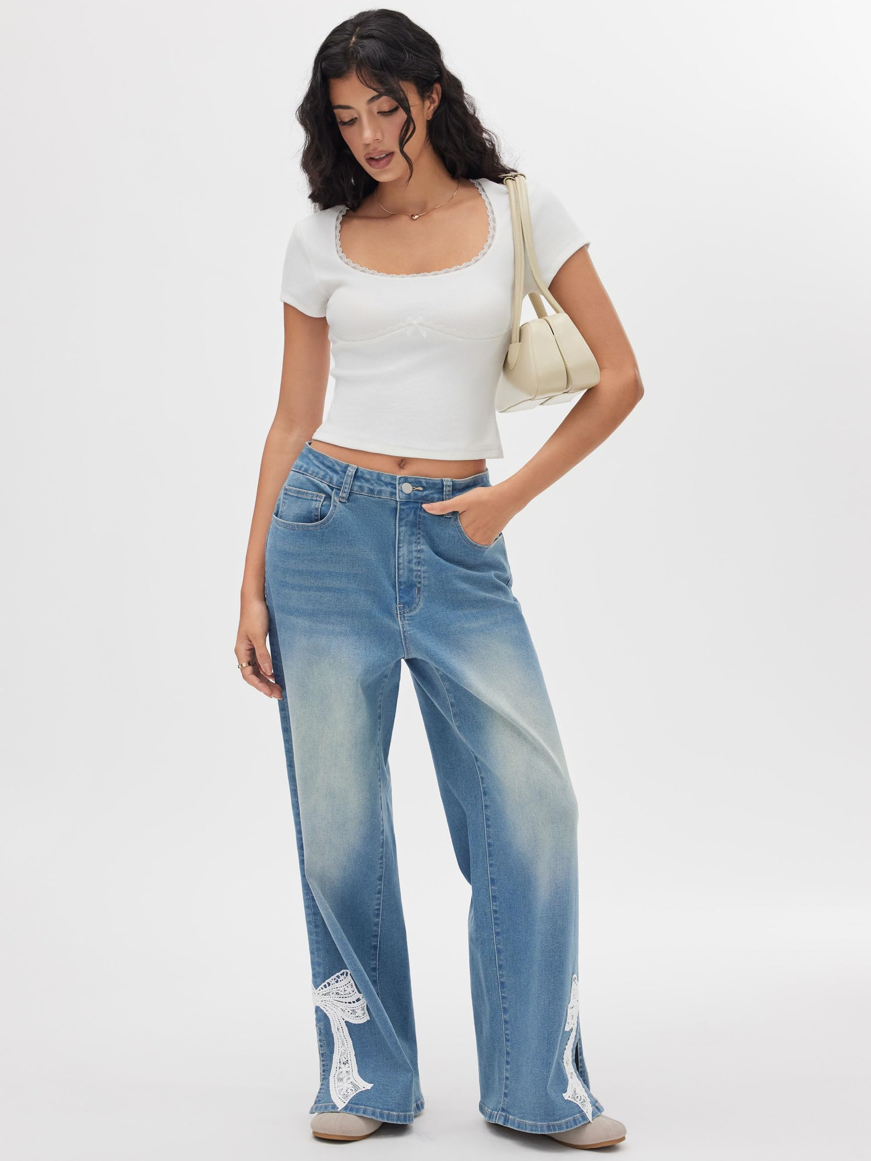 CIDER Baggy Jeans mit weitem Bein für Damen, mittlere Taille, Schleife, Denim-Hose