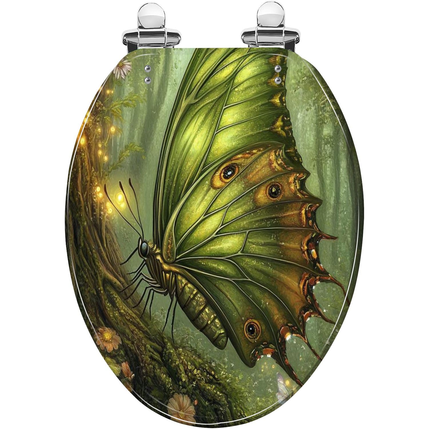 Elongated Toilet seat, Fireflies, in Poster Print, Quiet Release Hinges, Easy Install, Adjustable, Lightweight, Durable, Portable, User-Friendly, Compact, Decorative, Butterflies, Resin
