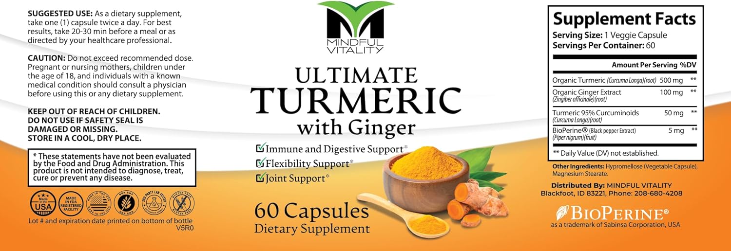 Ultimate Turmeric with Ginger, 60 Capsules, 500mg Organic Turmeric, Joint and Immune Support Supplement