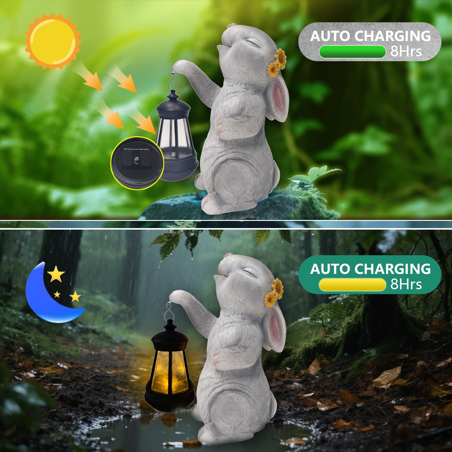 Estatua solar de conejo de jardín con luz LED, decoraciones de Pascua al aire libre para el hogar, patio, césped y patio, figura de resina impermeable, regalo para mamá, Navidad, Día de la