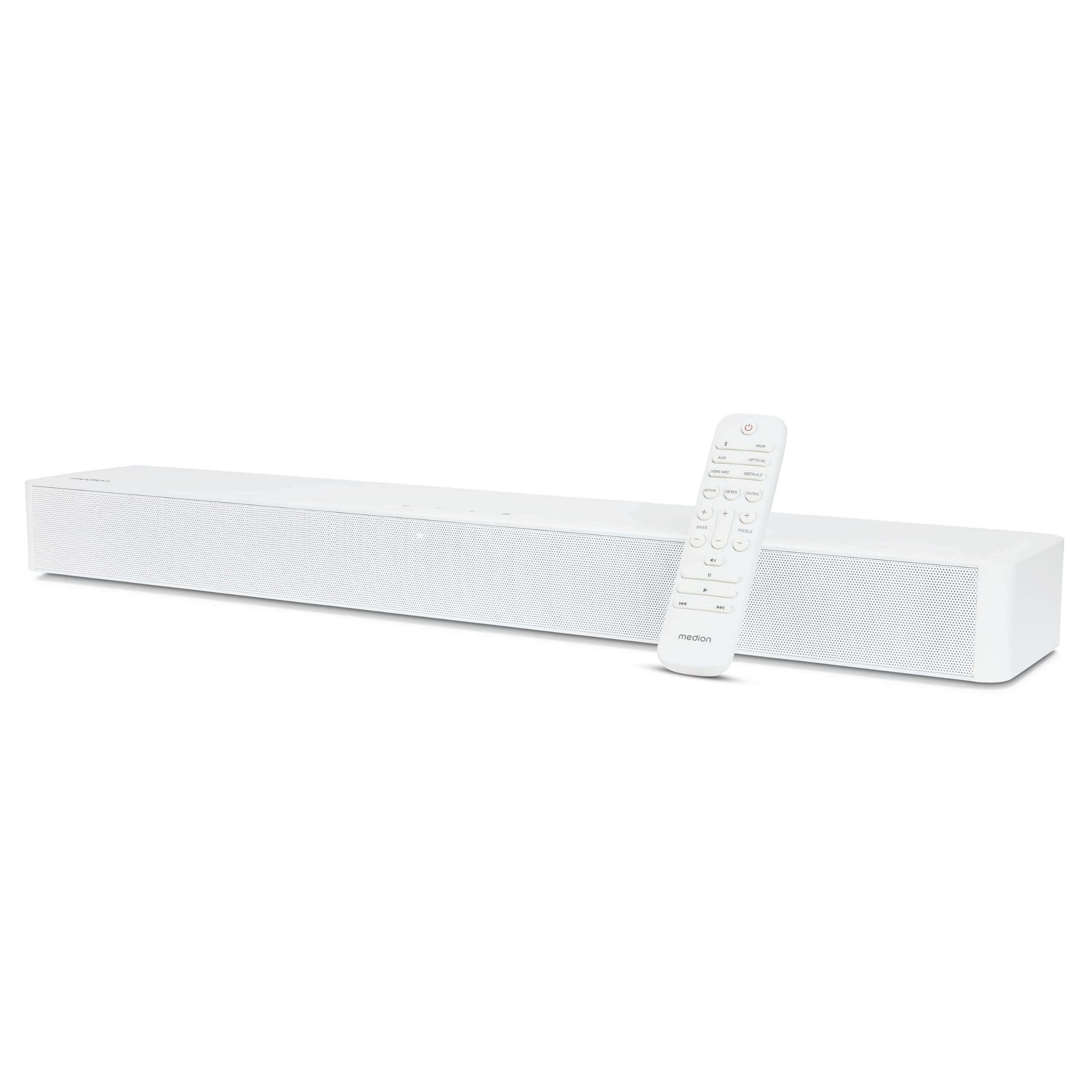 MEDION P61155 Barra de Sonido 2.0 con Bluetooth (Incluye Mando a Distancia, Control táctil, HDMI (ARC), AUX, Entrada óptica, 2 x 30 W RMS) Blanco