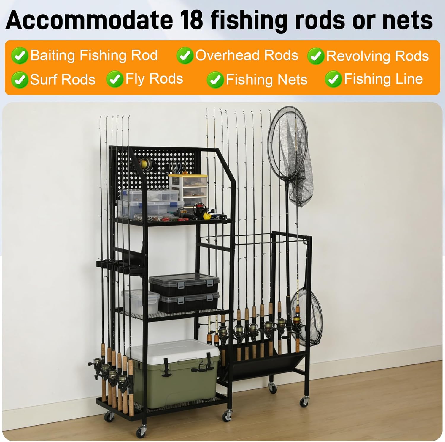 𝐔𝐩𝐠𝐫𝐚𝐝𝐞 Fishing Pole Holders for Garage,Fishing Rod Holders Up to 18 Rods with Pegboard and Hooks,3-Tier Fishing Pole Rack with Lockable Wheels