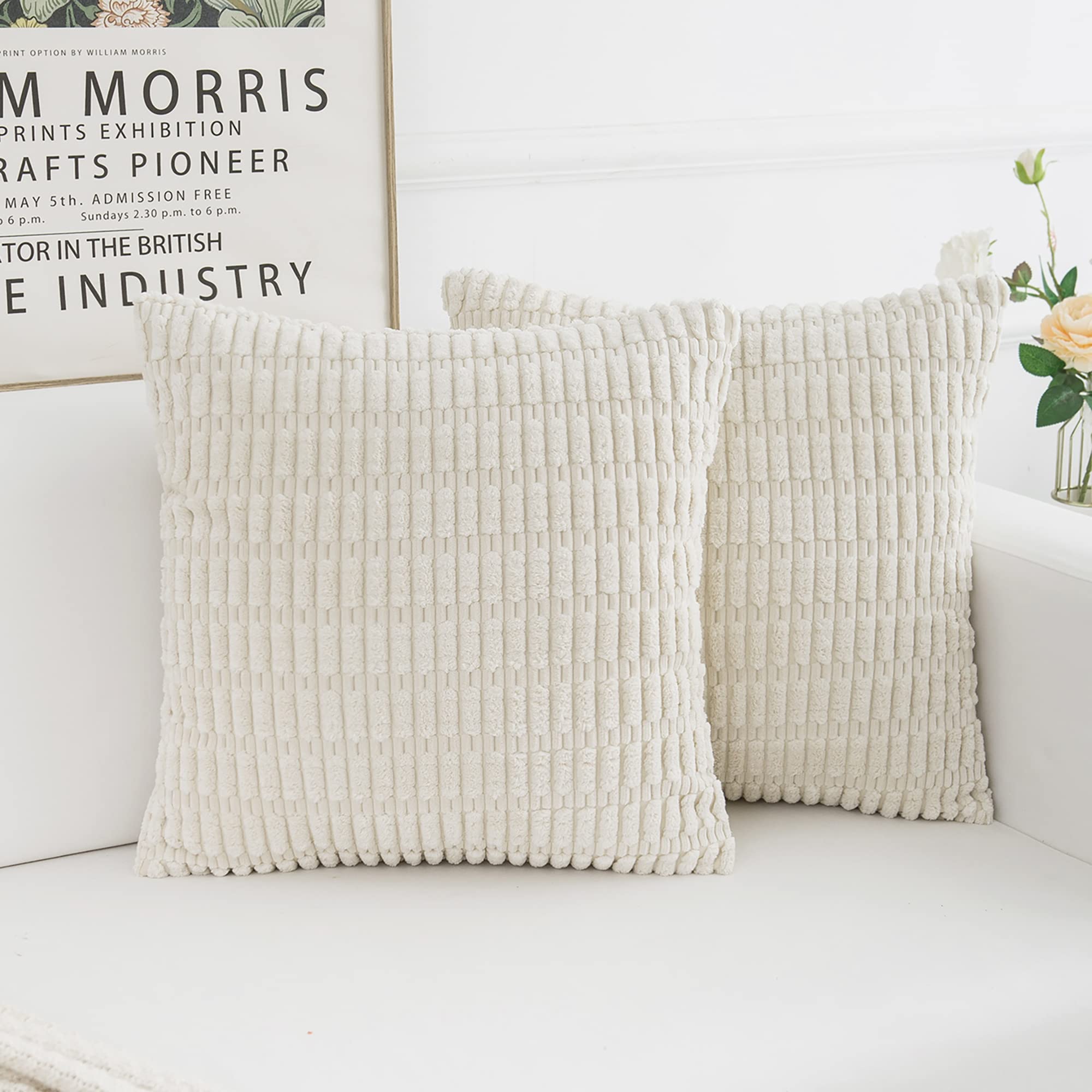 Qidordour Throw Pillow Covers, 16x16 inch, Pack of 2 Couch Pillows Cover, Soft Corduroy Decorative Pillow Covers, Square Pillowcase for Bed Sofa Chair Car Bedroom Home Boho Farmhouse Decor, Cream