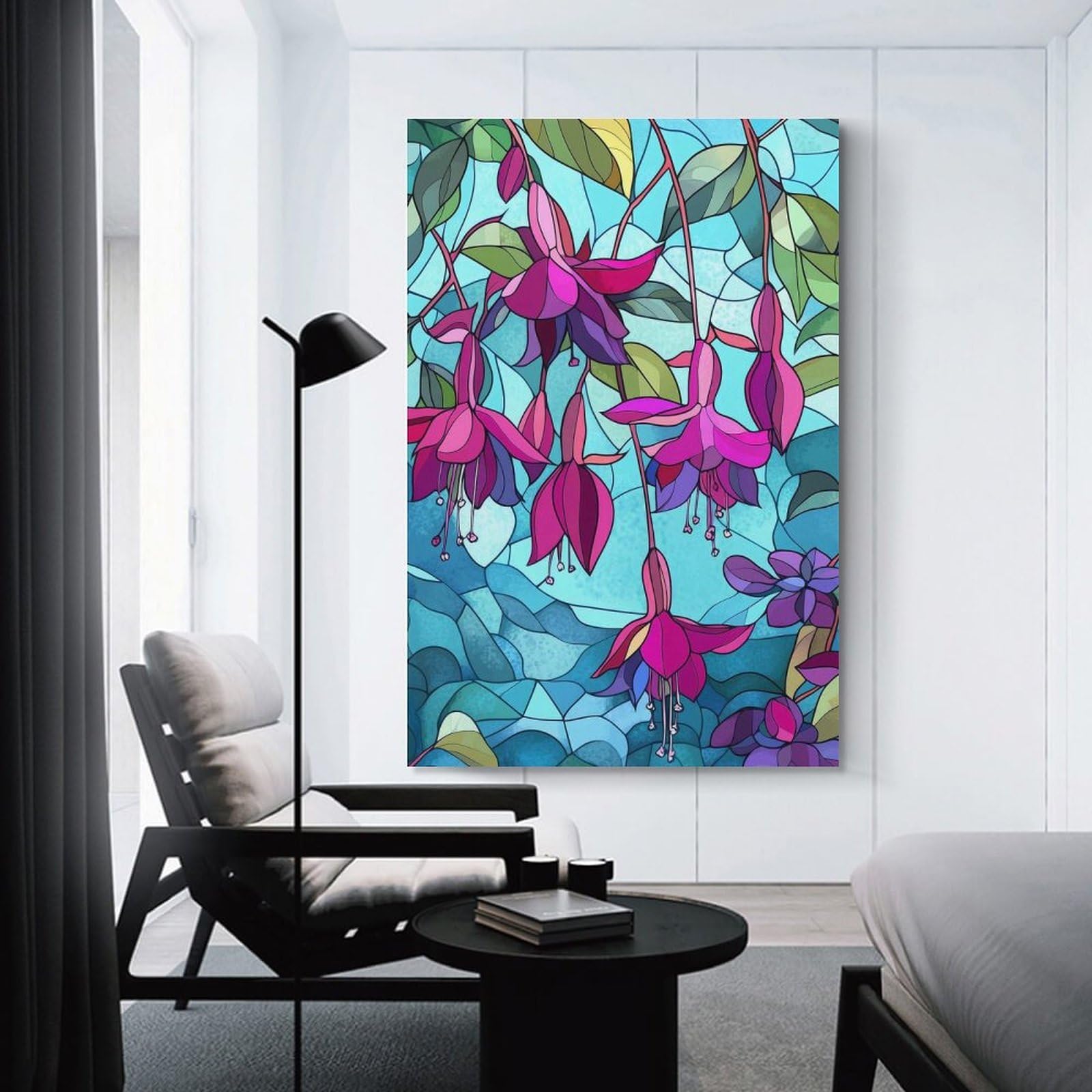 Junmoney Fuchsia Flowers Stained Glass Canvas Wall Decor, 08x12inch(20x30cm), for Apartment Walls, Studios Or Work Areas, Decorative Canvas Decor for Home Updates