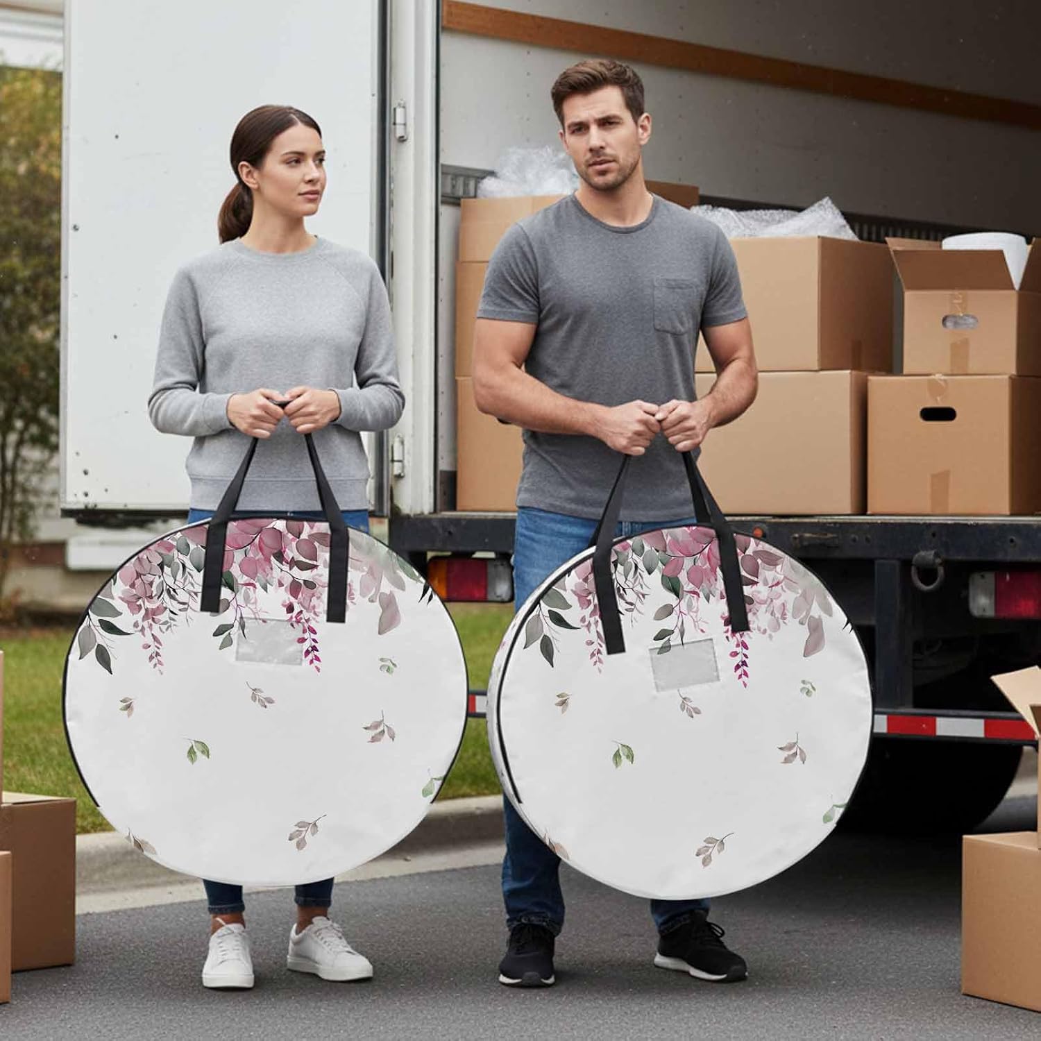 Spring Red Round Storage Bag 36 Inch, Eucalyptus Leaves Clothes Storage Container with Handles Heavy Duty Organizer for Comforter, Bedding & Holiday Wreaths