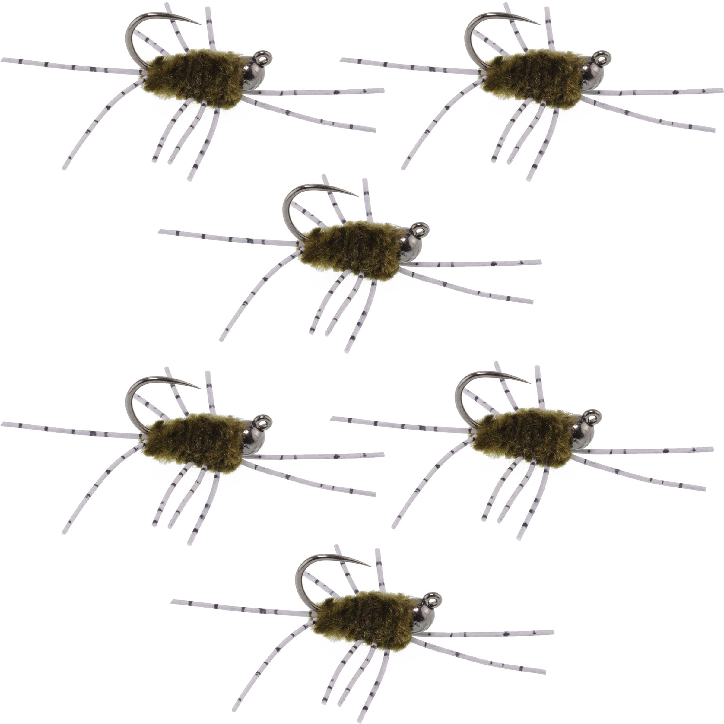 The Fly Fishing Place Tungsten Bead Jigged Pat's Rubber Legs Nymph - Olive with Barred Legs - 6 Flies Hook Size 6