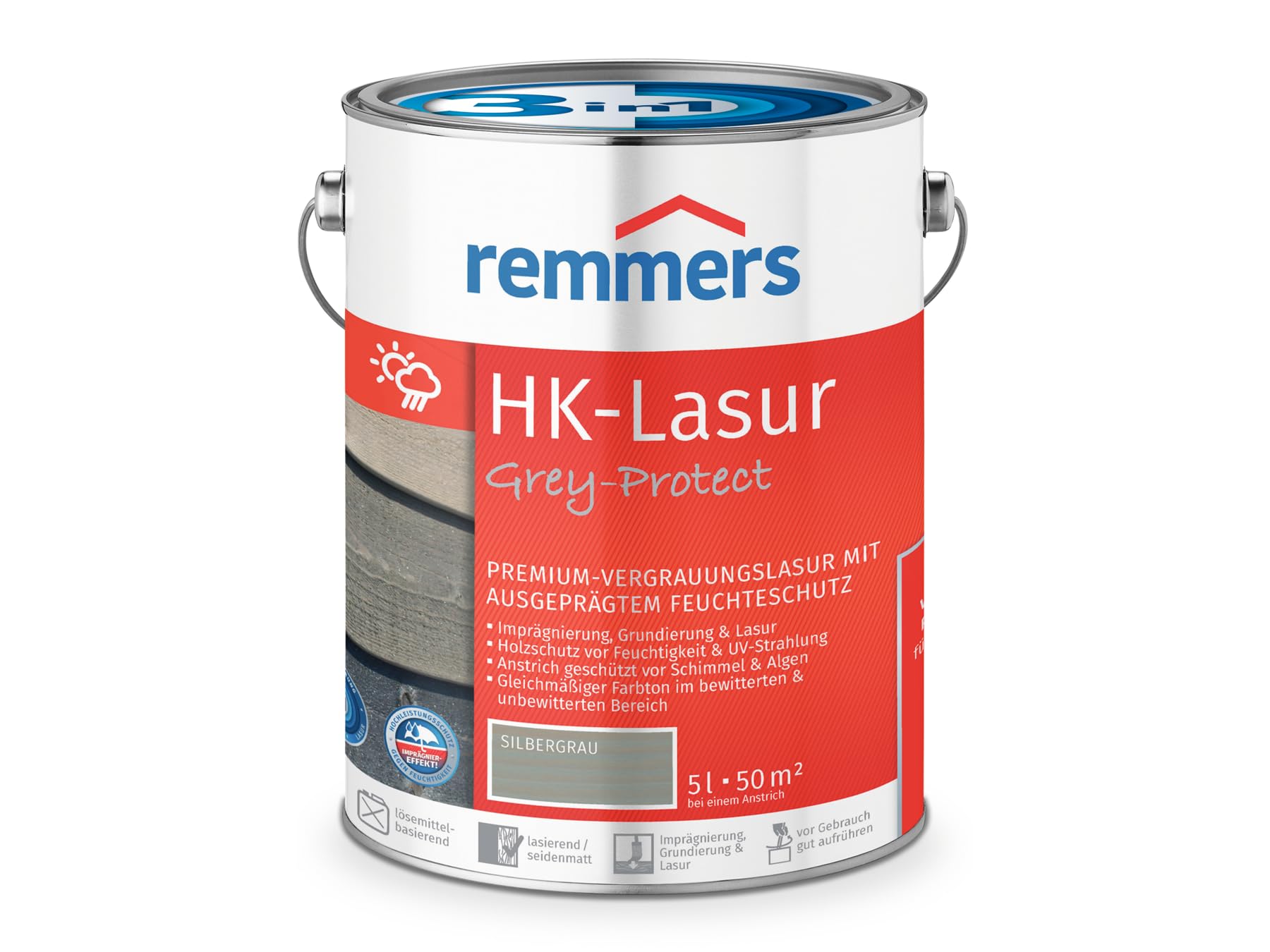 Remmers HK-Lasur 3in1 Grey-Protect silbergrau, 5 Liter, Holzlasur für Vergrauung außen, 3 Holzschutz Produkte in einem, Feuchtigkeit- und UV-Schutz
