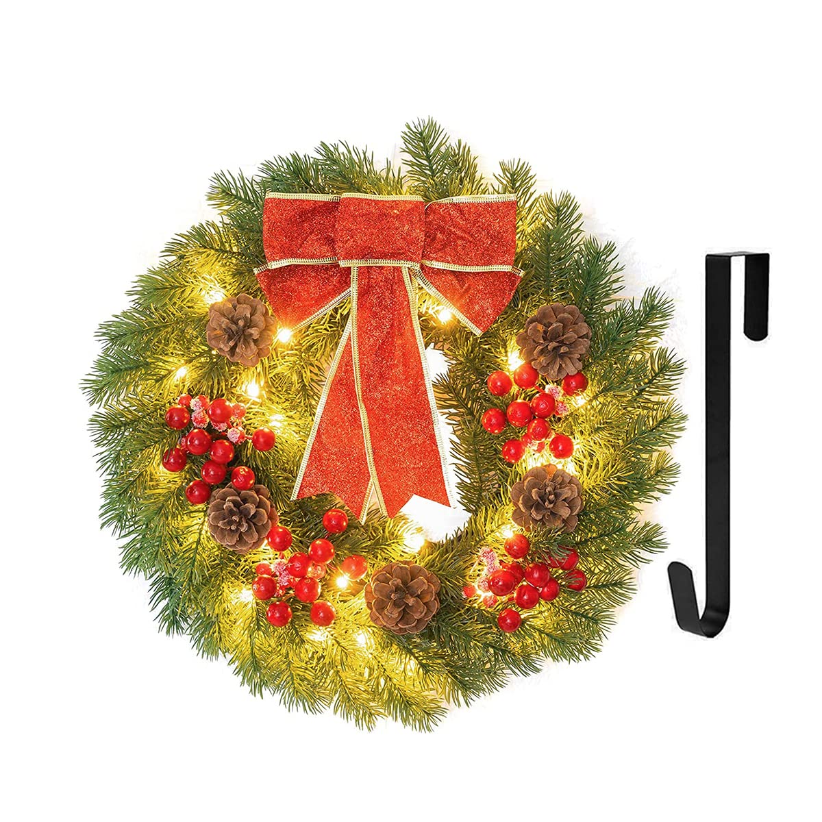 SAPU Pre-lit Artificial Christmas Wreath, 40 LED 16 Inch Spruce Berries Pine Cone Garland with Red Bows Artificial Holly Leaves Xmas Wreath with Hanger for Home Party Indoor and Outdoor Use