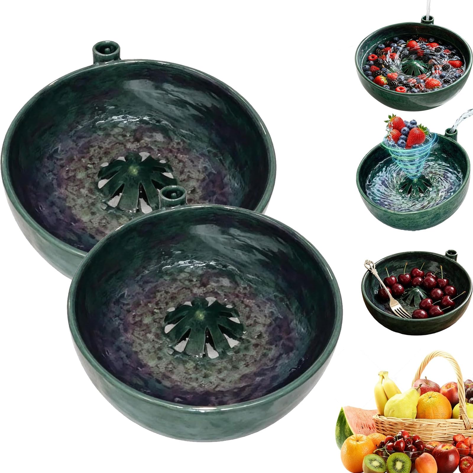 Self Spinning Berry Washing Bowl Ceramic with Drain Holes – 360° Automatic Swirl Fruit & Vegetable Washer, Self Rotating Fruit Basket,Quick Wash Kitchen Tool for Berries Grapes Cherry Tomatoes (2PC)