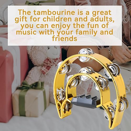 Miniatura 6 de EastRock Pandereta de doble fila, percusión de mano con jingles de metal, pandereta de media luna para adultos, KTV, fiesta dorada