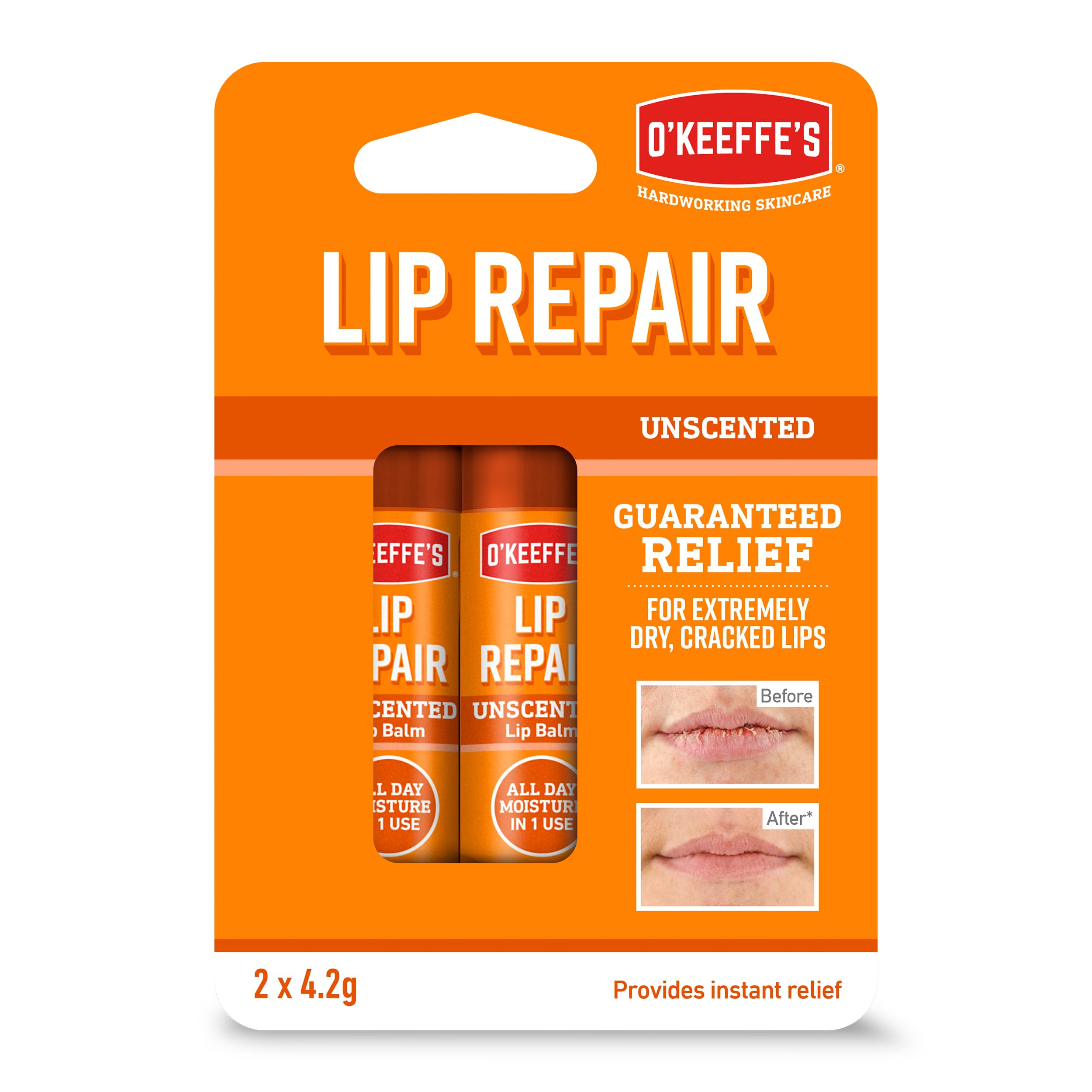 O'Keeffe's Lip Repair Unscented Lip Balm, Twin Pack, 2 x 4.2 g - for Extremely Dry Cracked Lips, sheer
