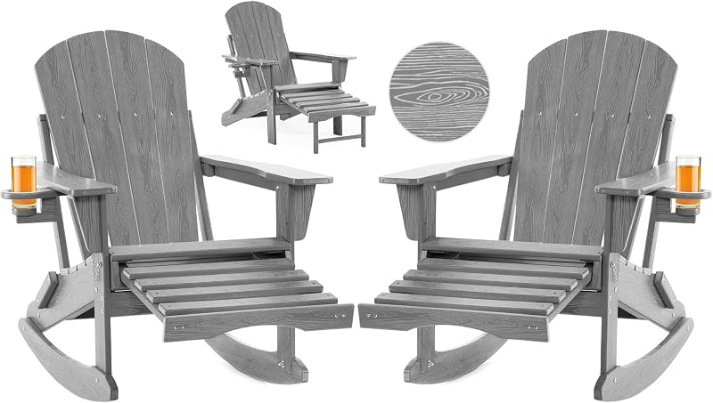 Serique Folding Adirondack Rocking Chair 4-in-1 Retractable Ottoman,Grey