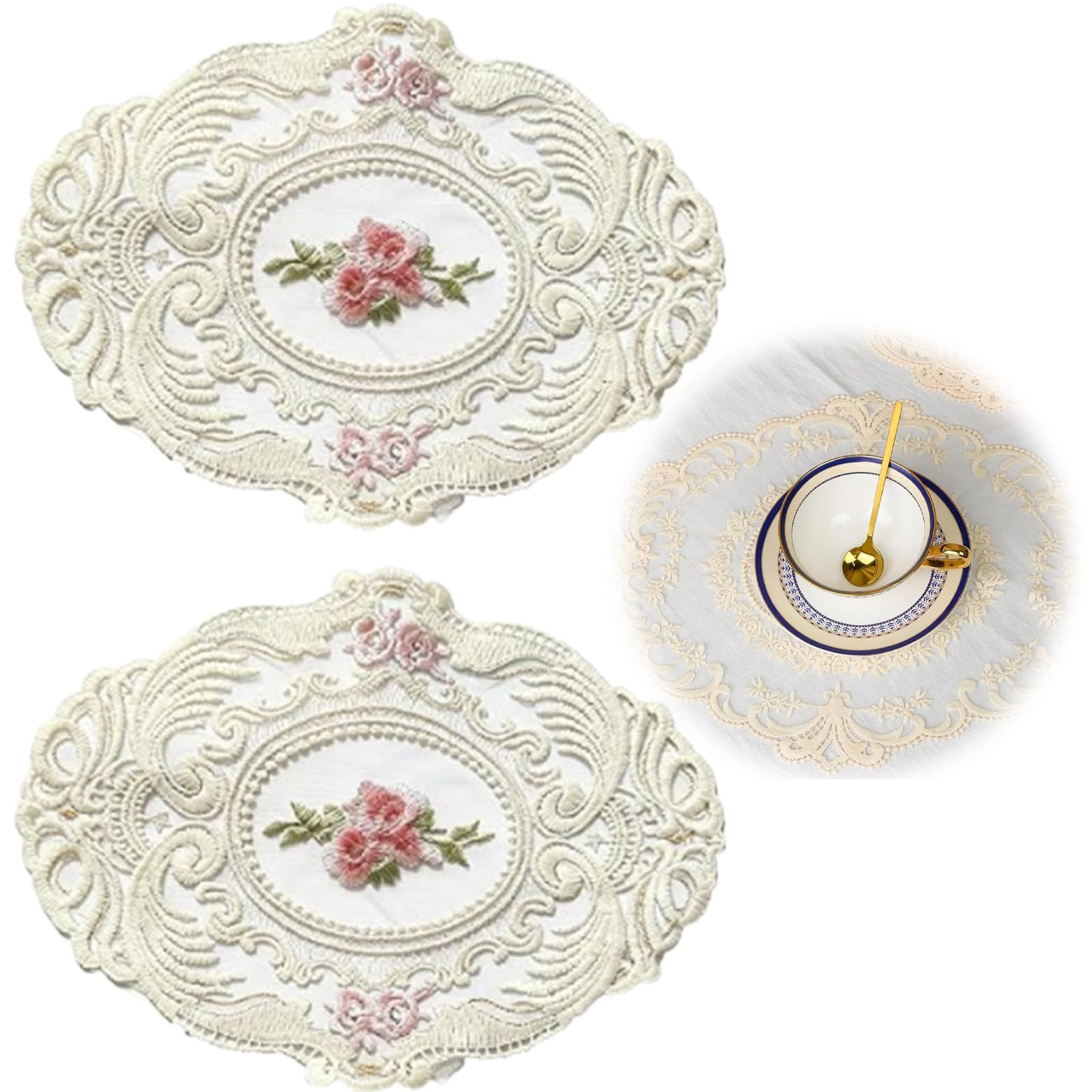 2 PCS Small Table Cloth, Round Table Cloth for Side Table Cover, Vintage Floral Lace Table Mats, Oval Crochet Design for French Country Decor-image-23