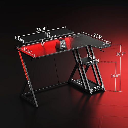 Miniatura 14 de CubiCubi Aurora - Escritorio para juegos con superficie de fibra de carbono, escritorio en forma de L de 47 pulgadas con estantes de almacenamiento,
