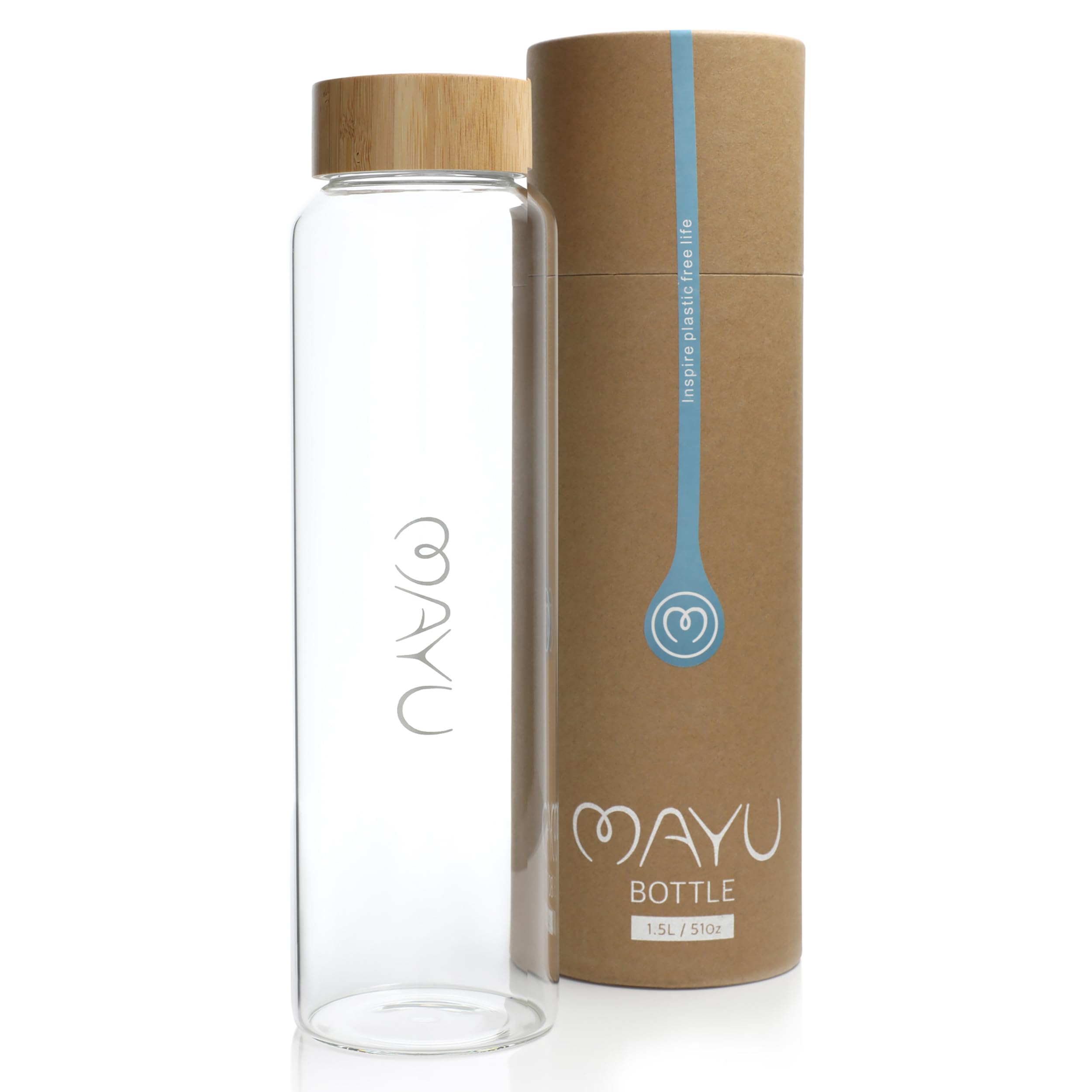 mayu Water Wasserflasche, Borosilikatglas, Bambusdeckel, 1,5 Liter | Integriertes Sieb, Bambus-Deckel, BPA-frei, auslaufsicher, umweltfreundlich, ideal für Wasser, Tee & Infused Water
