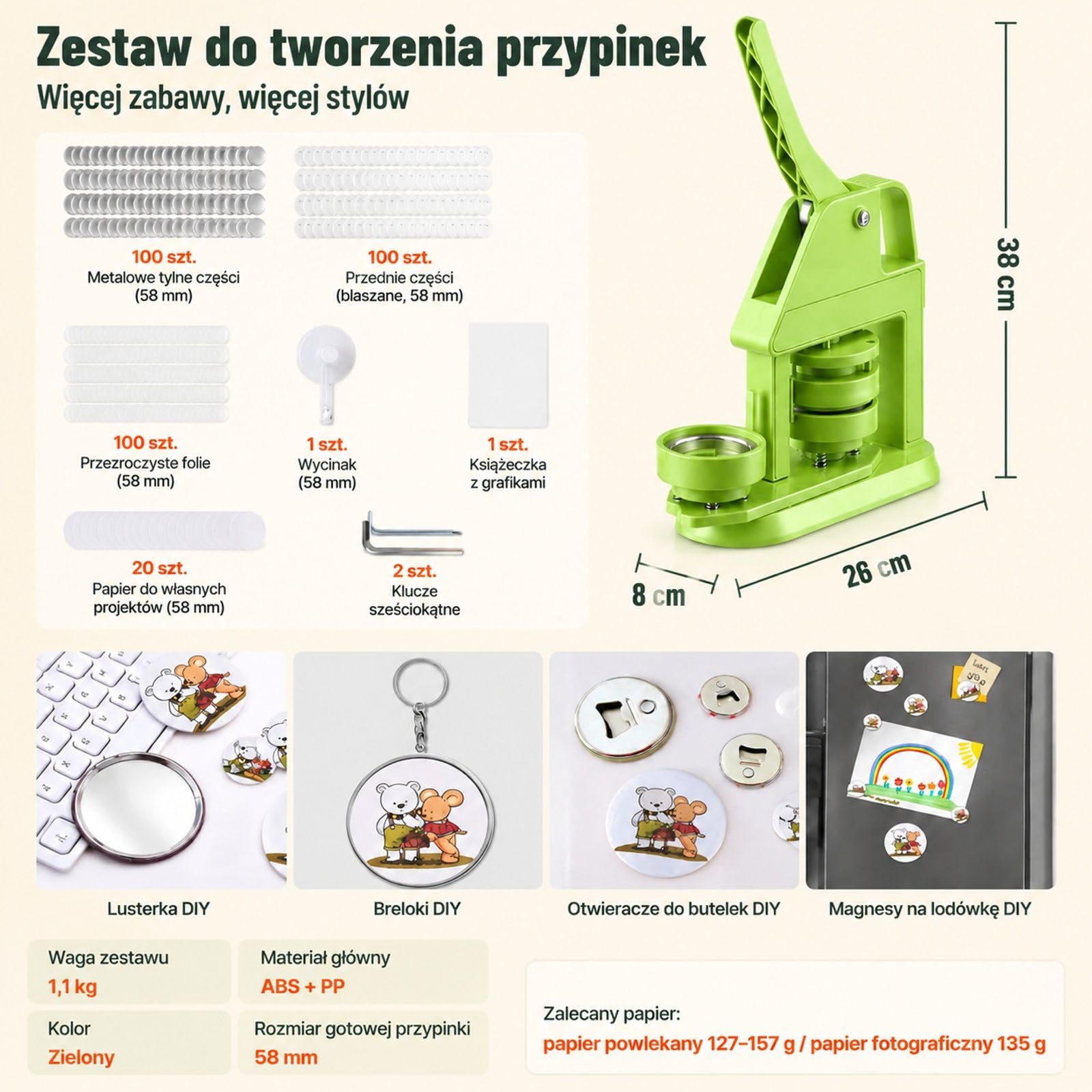 Maszyna do przypinek ze 100 elementami guzików, zielony zestaw ABS+PP do projektów DIY i personalizowanych wzorów