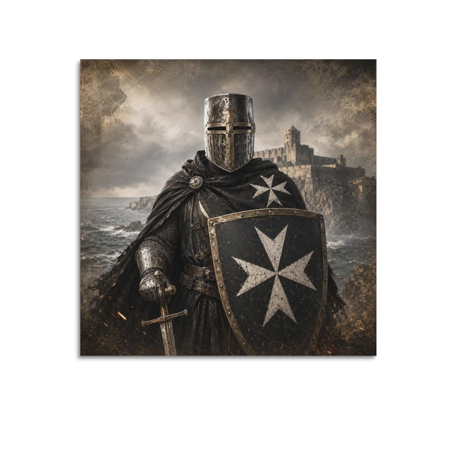 XKUGA Hospitaller Knight Coastal White Cross Shield Poster Armor Modern Decorative Canvas Prints - Ideal Wall Art for Family, Man Cave, Game Room, Boys & Girls Bedroom 16x16inch(40x40cm)