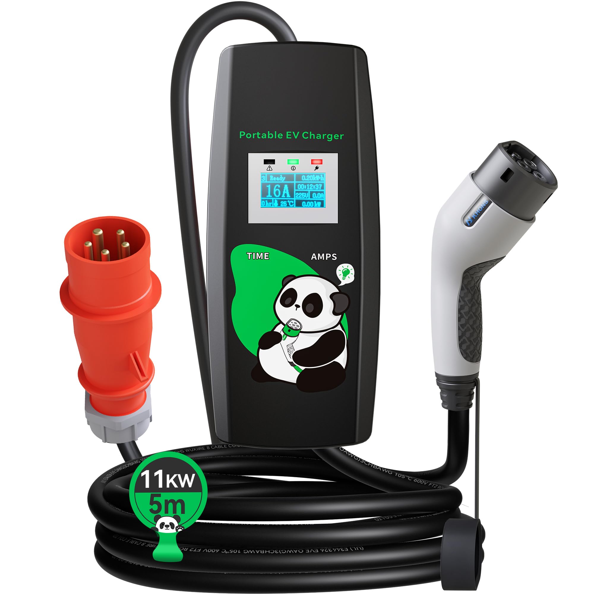 Przenośna skrzynka ścienna 11 kW z Plug & Play, 5 m, 16 A, 3-fazowy, regulowany prąd i timer, kabel do ładowania typu 2 z wtyczką CEE, przenośna ładowarka samochodowa do IEC 62196-2