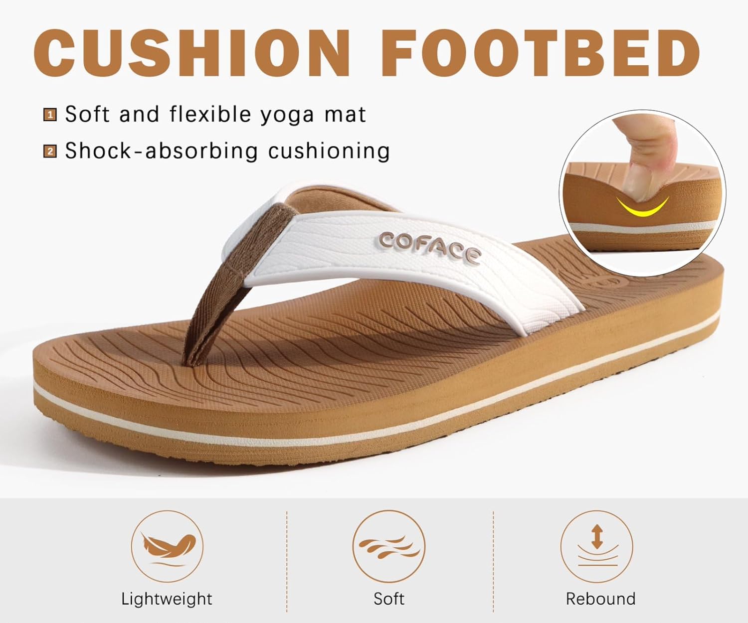 COFACE Men's Flip Flops Comfortable Yoga Mat Cushion Thong Sandals with Arch Support Casual Summer Beach Slides For Man, Size 7~15 White Khaki 11 image 2 of 9 B0DSZNGQWF