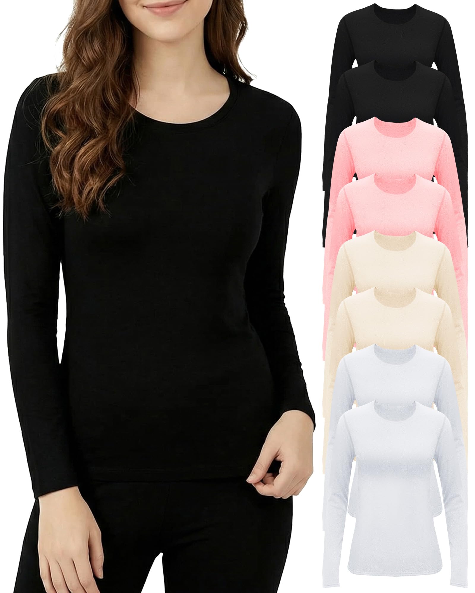 8 Pcs Thermal Long Sleeve Shirts Bulk for Women Thermal Top Set Crew Neck Scrub Undershirt Base Layer Winter Underwear-image-18