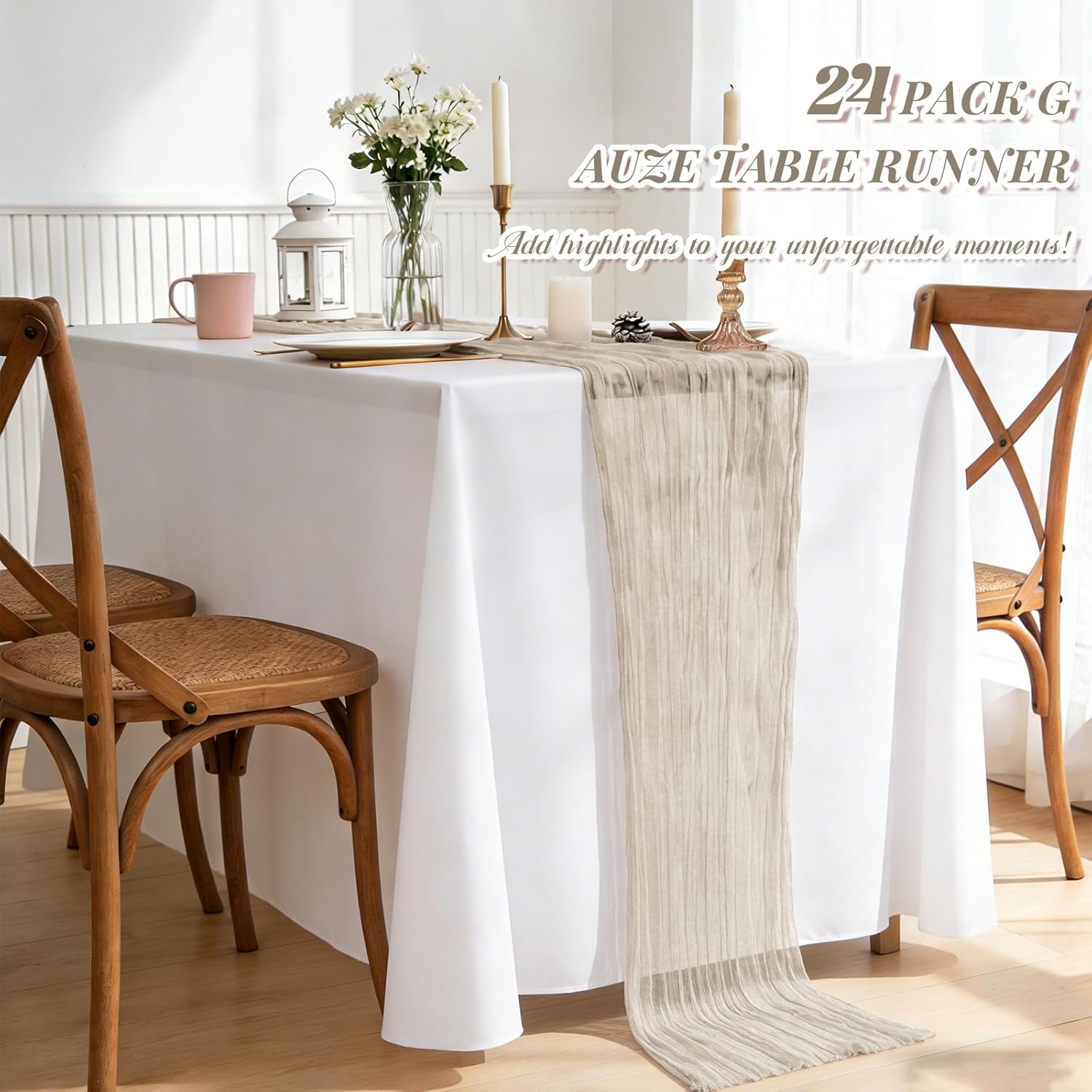 24 Pack Brown Grey Cheesecloth Table Runner, Long Romantic Semi Sheer Rustic Boho Gauze Table Runners for Wedding Bridal Shower Birthday Party Decorations(17.7×108 Inch)